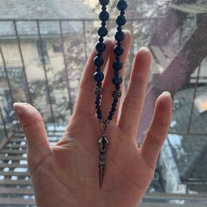 Blue Beaded Necklace with Silver Pendant